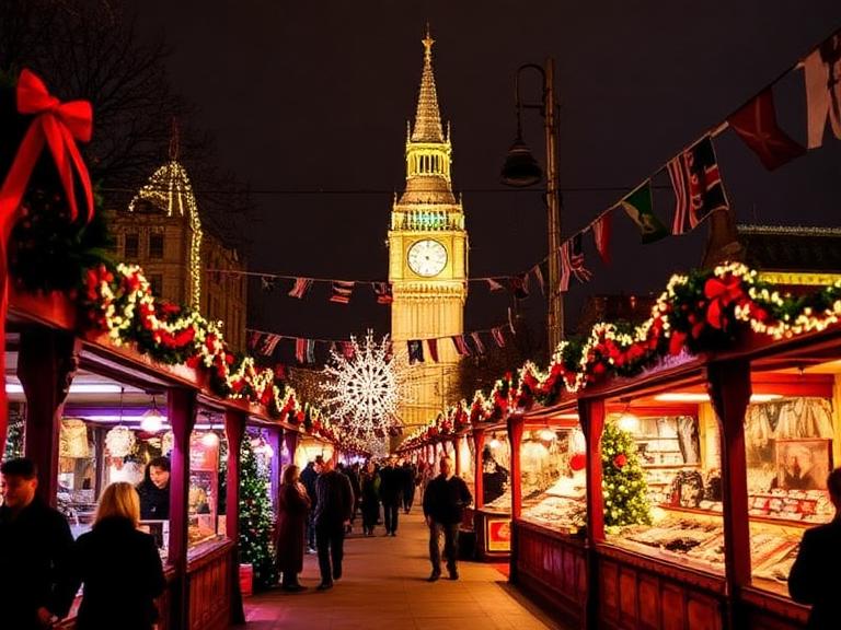 London Christmas Markets with festive wooden stalls, Christmas lights, and Big Ben glowing in the background during a winter evening in London.