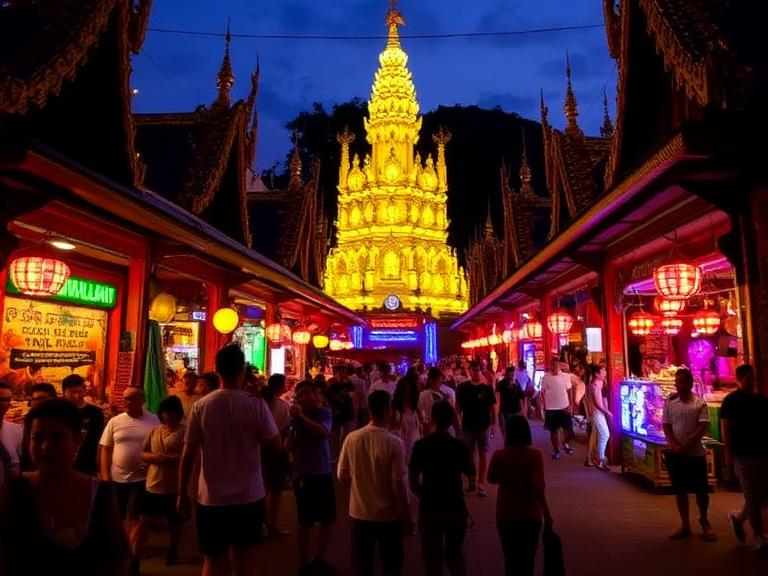 Crowded night market in Thailand with colorful lanterns and a glowing golden temple during a cultural festival celebration