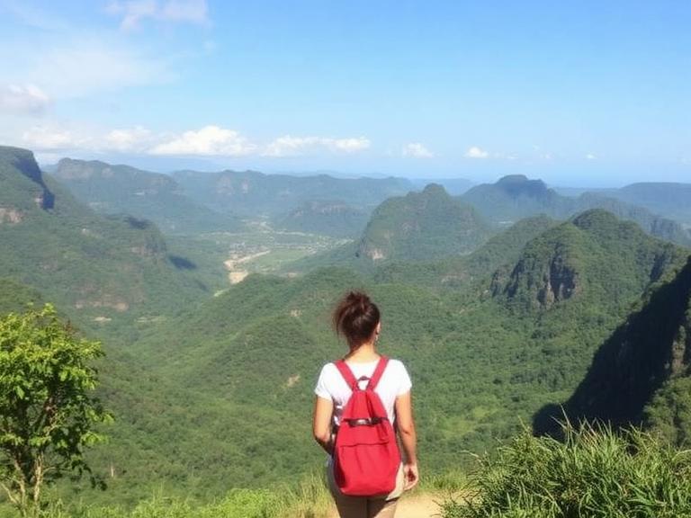 Solo female traveler with a red backpack standing at a mountain viewpoint overlooking lush green valleys in Southeast Asia.