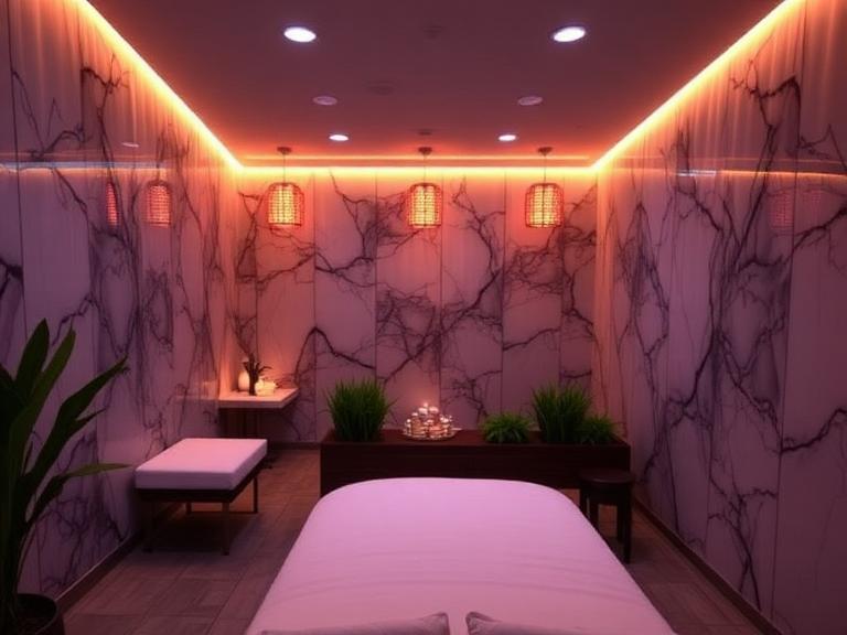 Luxury massage room in Bangkok wellness centre with soft ambient lighting, marble walls, and spa treatment bed for relaxing Thai massage in Bangkok