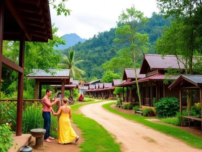 Couple walking through peaceful bamboo-style cottages surrounded by lush green mountains in Pai Thailand.
