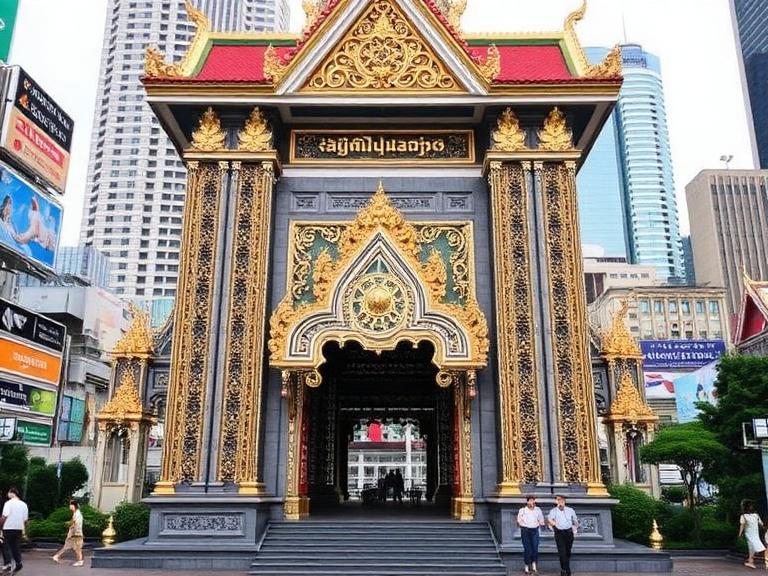 Ornate Thai temple entrance with golden carvings and traditional architecture in central Bangkok, surrounded by modern city skyscrapers, featured in a Bangkok Tourism Guide