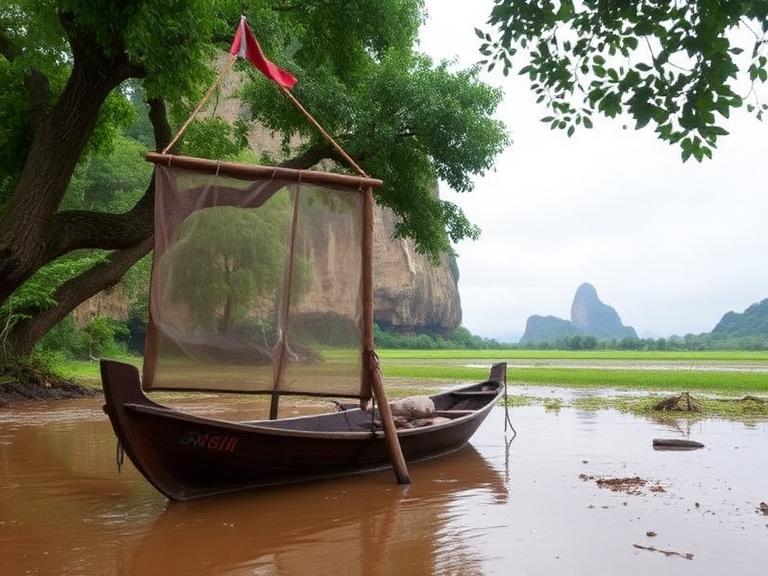 A traditional wooden boat sits in muddy floodwater under dense green trees during the Thailand Rainy Season, surrounded by a peaceful countryside with rice fields and distant limestone mountains under a cloudy sky.