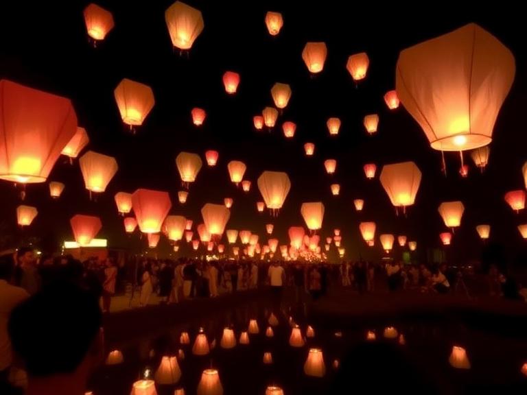 Thousands of glowing lanterns floating into the night sky during the Yi Peng Chiang Mai Lantern Festival in Thailand,