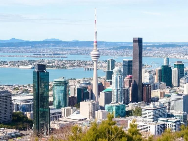 Auckland skyline view featuring the Sky Tower and waterfront seen from Mount Eden during a sunny day in New Zealand