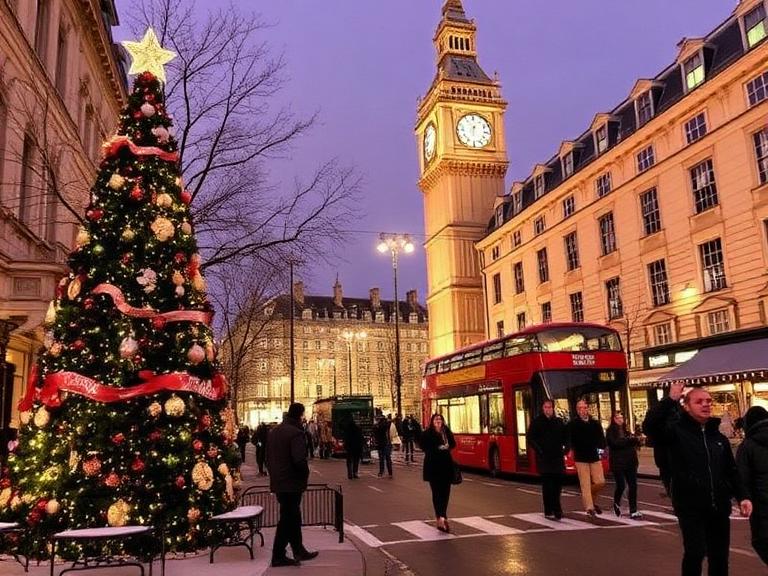 Beautiful Christmas in London with glowing festive lights on Regent Street, decorated Christmas trees, holiday markets, and winter crowds enjoying the magical seasonal atmosphere.