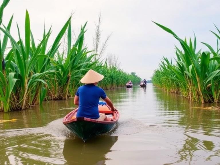 Local person rowing a small boat through narrow canals in the Mekong River Delta Vietnam surrounded by lush green plants