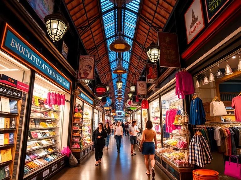 People walking through a colorful covered shopping market in Bangkok, Thailand, lined with clothing stores, souvenir stalls, and illuminated hanging lanterns.