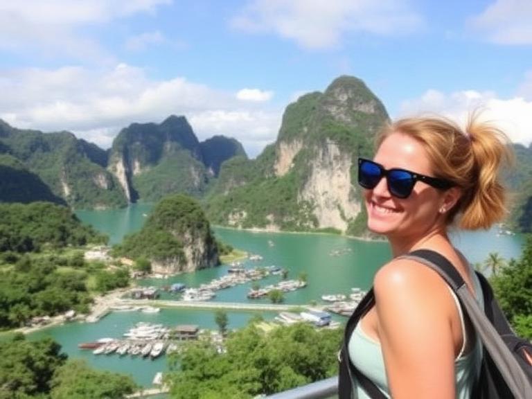 Solo female traveler smiling at a scenic viewpoint overlooking turquoise water and limestone mountains in Thailand during a backpacking adventure.