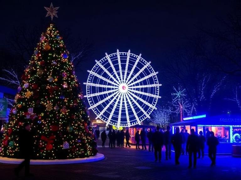 Crowds exploring Winter Wonderland London 2026 at Hyde Park with glowing Christmas lights, festive market stalls, ice skating, and carnival rides.