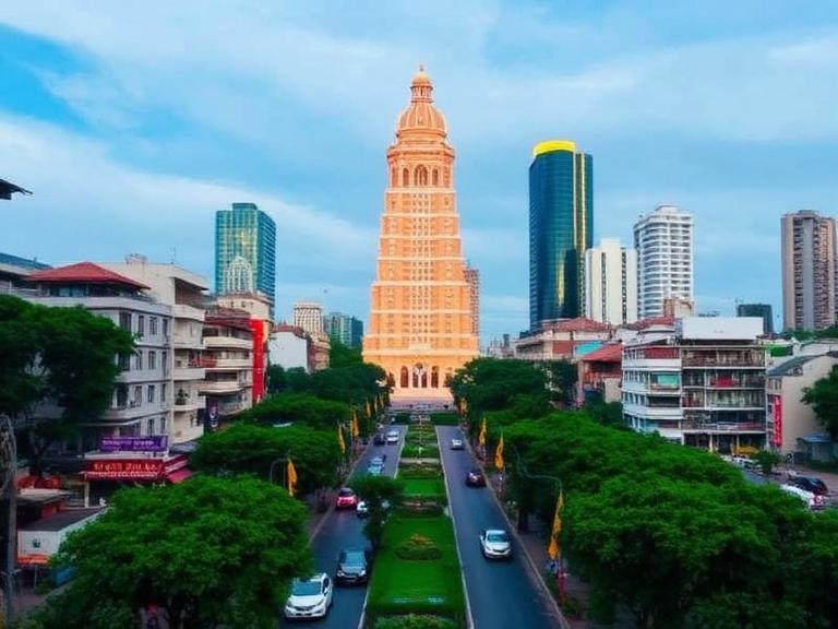 Panoramic skyline view in Ho Chi Minh City featuring a historic tower building, modern skyscrapers, green boulevard, and busy streets during sunset in Saigon, Vietnam.