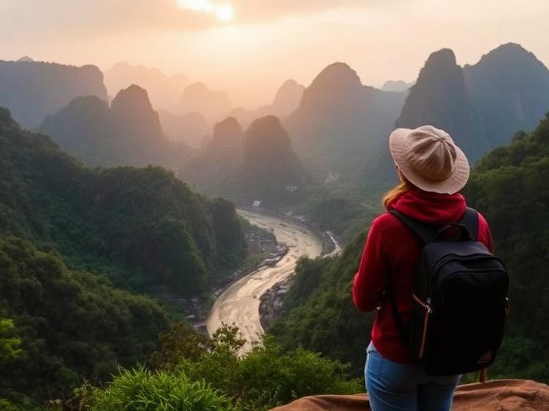 Traveler with a backpack overlooking a winding river and limestone mountains in Northern Vietnam during a backpacking Vietnam trip planning guide journey.