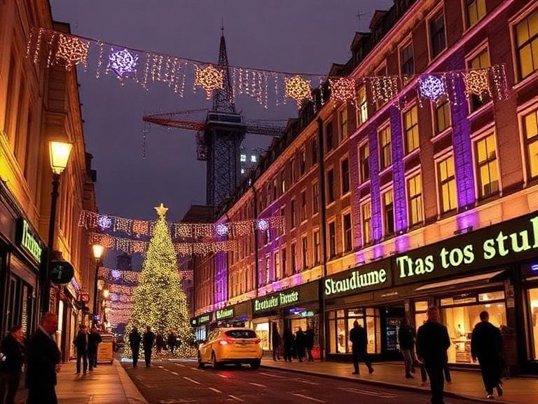 Festive Christmas lights and a glowing Christmas tree on a charming London street during the holiday season, showcasing the best things to do for Christmas in London.