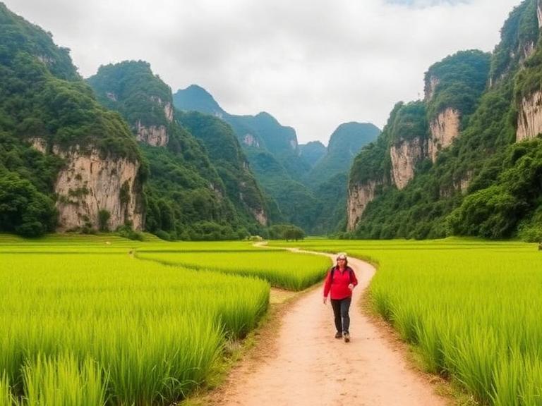 Backpacker walking through lush green rice fields surrounded by limestone mountains on a scenic Vietnam backpacking route in Ninh Binh, Vietnam.