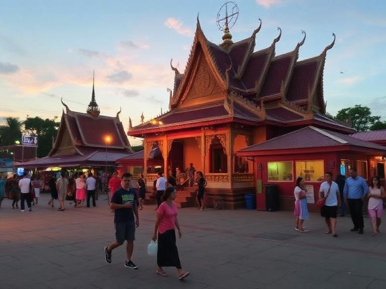 Visitors walking around a traditional Thai temple during sunset at a cultural festival in Thailand 2026