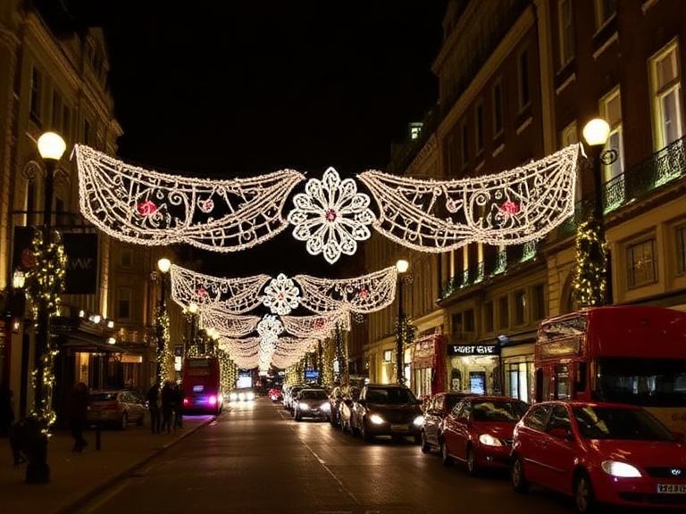 Christmas decorations in London featuring glowing festive street lights hanging above a busy road with red double-decker buses and cars at night.