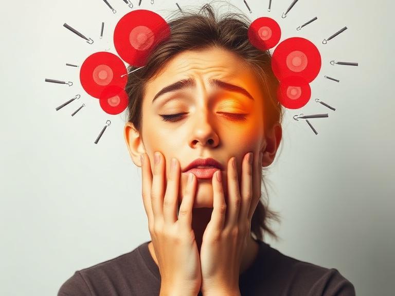 Young woman showing signs of anxiety disorders with stressed facial expression and red stress symbols around her head representing mental health struggles and panic symptoms.