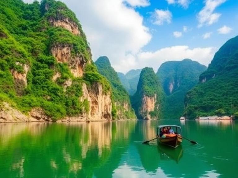 Boat cruising on calm green water surrounded by towering limestone karst mountains in Ninh Binh, Vietnam, showcasing a highlight of a Vietnam travel itinerary 14 days journey from Hanoi to Ho Chi Minh City.