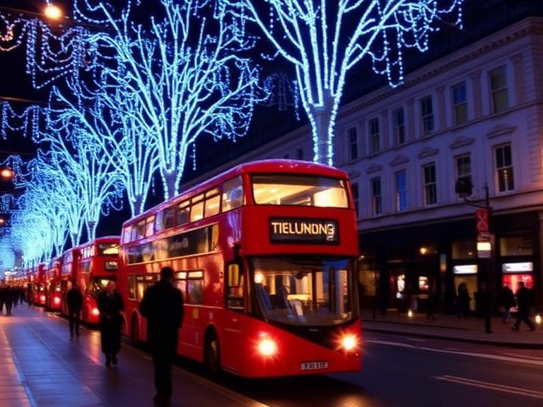 London Christmas lights display on a city street with bright blue illuminated trees and a red double-decker bus driving through at night.