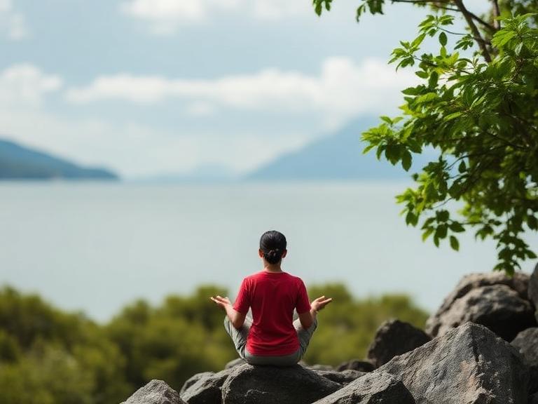 Person meditating near a lake surrounded by nature for natural stress relief and mental relaxation.
